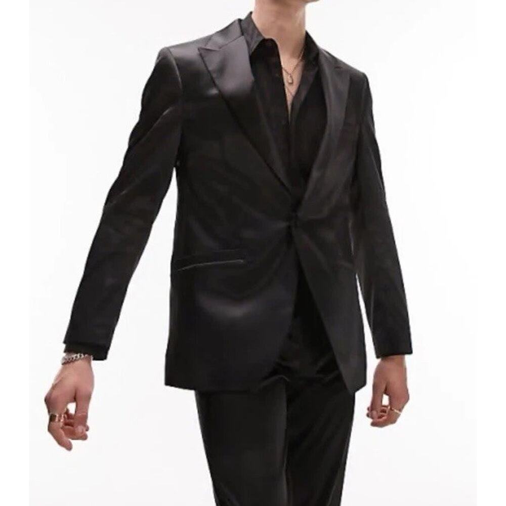 Topman boxy slim high shine suit jacket in black ASOS